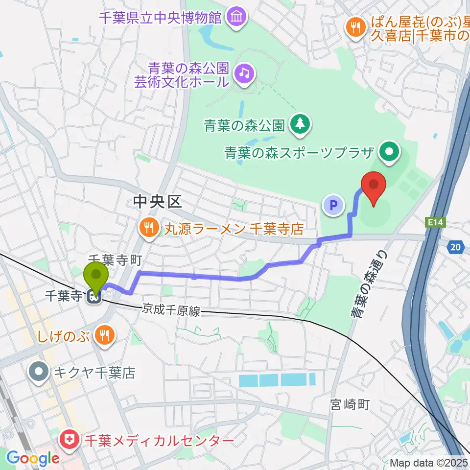 千葉寺駅から青葉の森スポーツプラザ野球場へのルートマップ地図