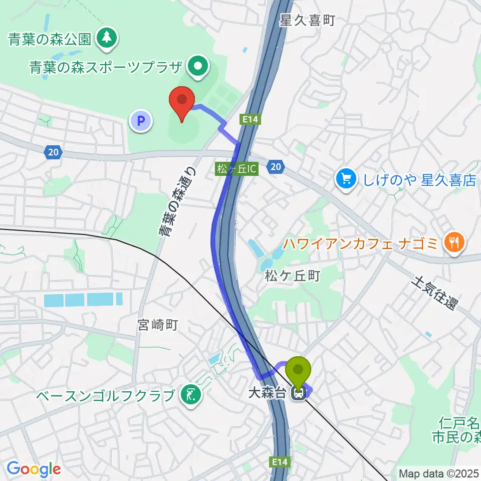 青葉の森スポーツプラザ野球場の最寄駅大森台駅からの徒歩ルート（約19分）地図