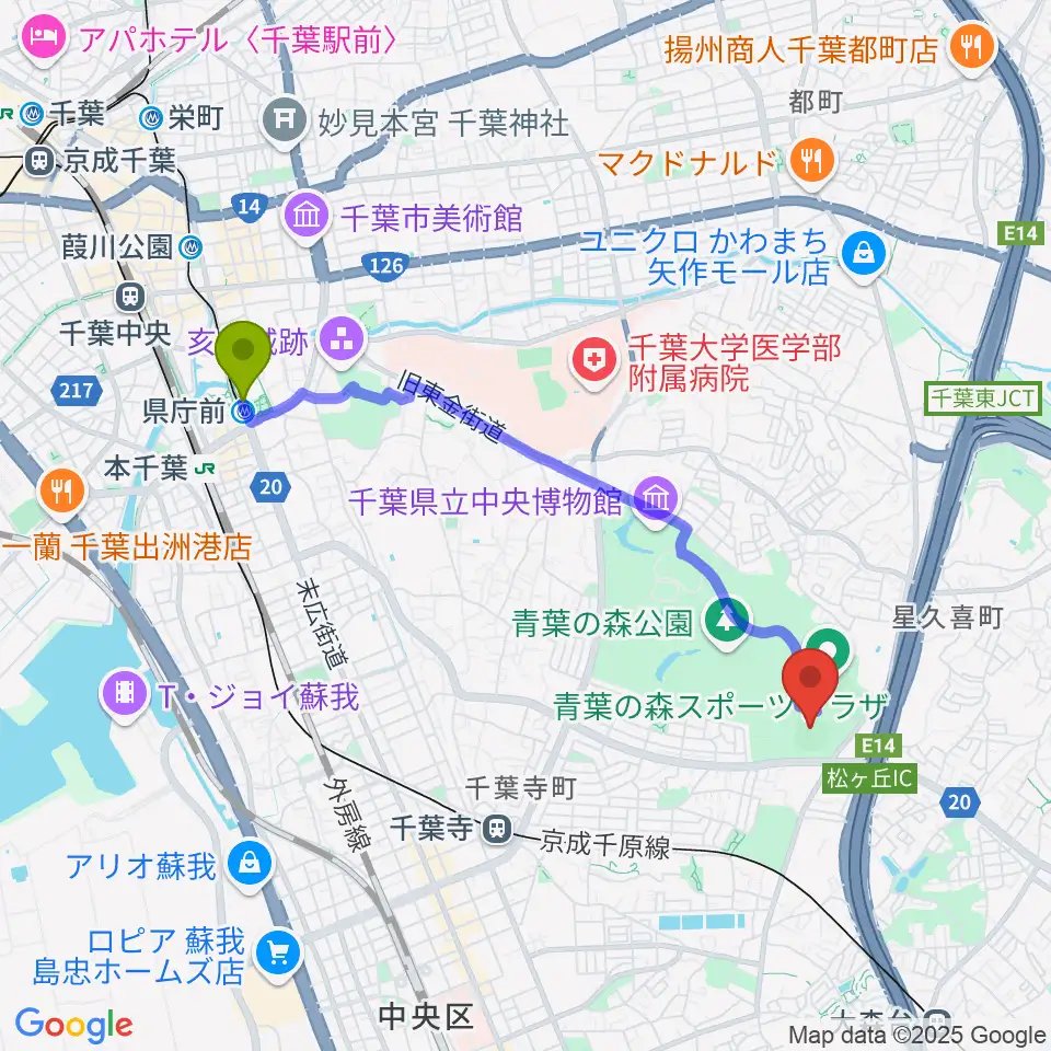 県庁前駅から青葉の森スポーツプラザ野球場へのルートマップ地図