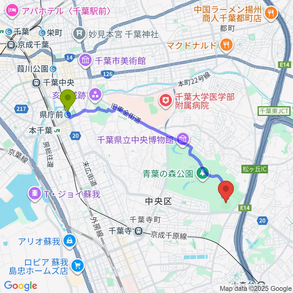 県庁前駅から青葉の森スポーツプラザ野球場へのルートマップ地図