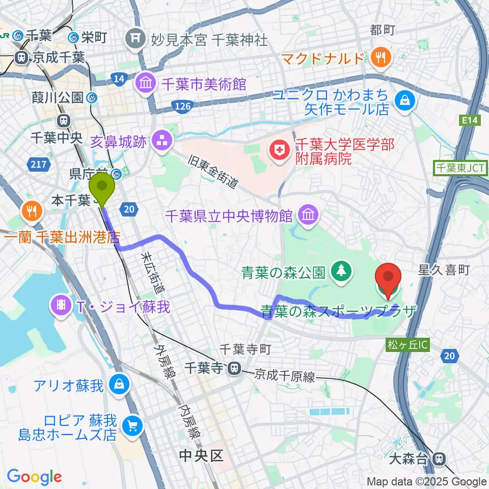 本千葉駅から青葉の森スポーツプラザ陸上競技場へのルートマップ地図