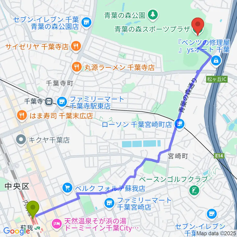 蘇我駅から青葉の森スポーツプラザ陸上競技場へのルートマップ地図