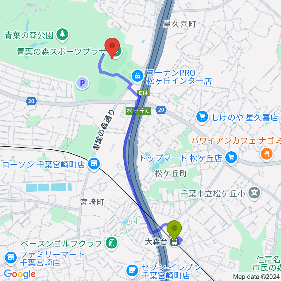 大森台駅から青葉の森スポーツプラザ陸上競技場へのルートマップ地図