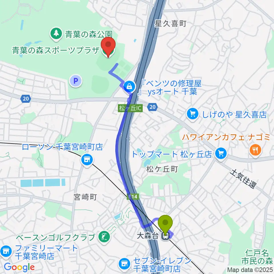 青葉の森スポーツプラザ陸上競技場の最寄駅大森台駅からの徒歩ルート（約21分）地図