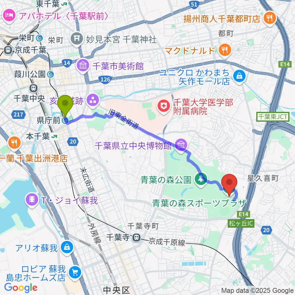 県庁前駅から青葉の森スポーツプラザ陸上競技場へのルートマップ地図