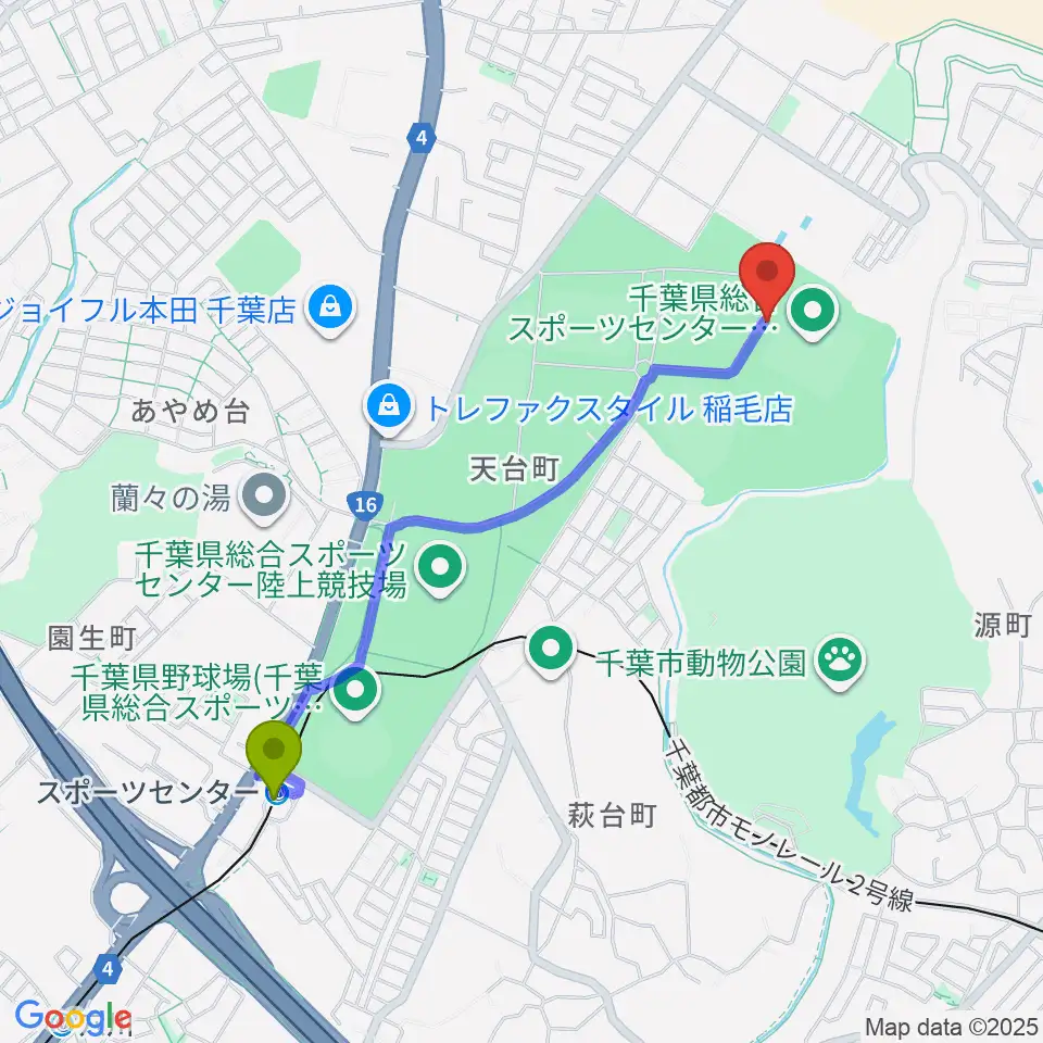 スポーツセンター駅から千葉県総合スポーツセンターサッカー・ラグビー場へのルートマップ地図