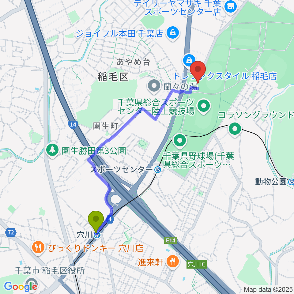 穴川駅から千葉県総合スポーツセンター武道館へのルートマップ地図