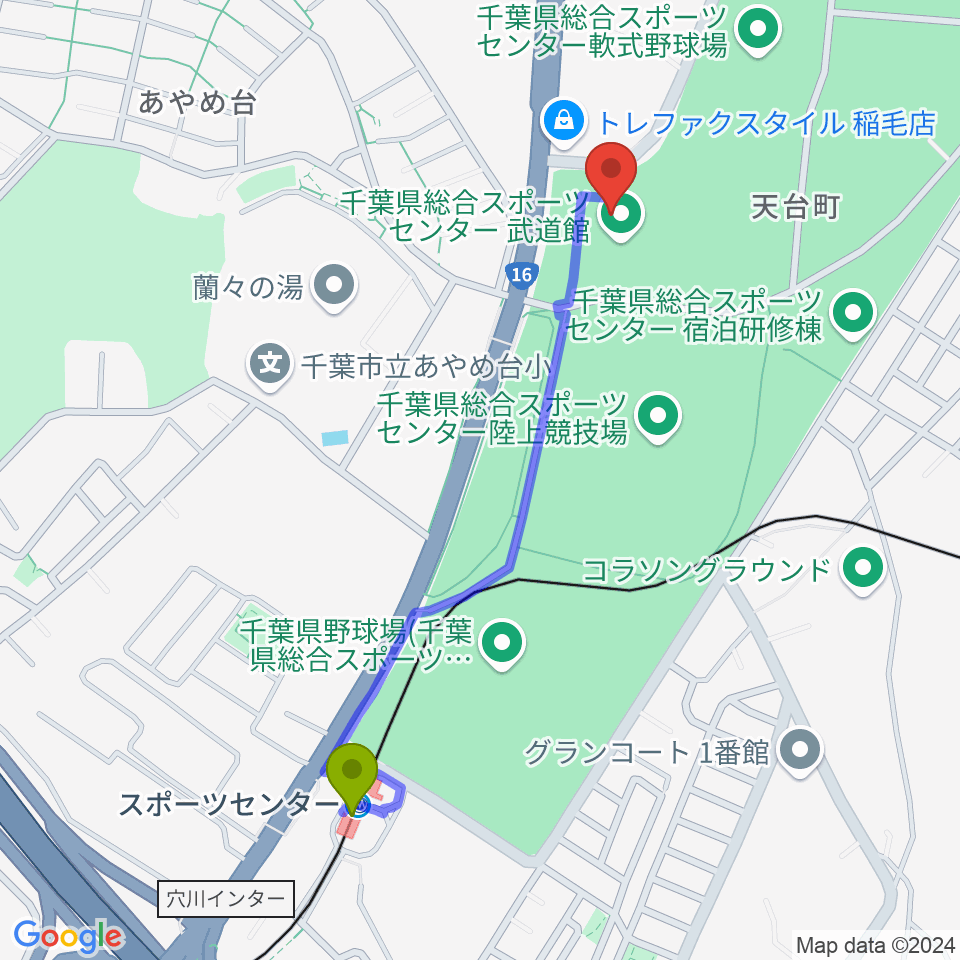 千葉県総合スポーツセンター武道館の最寄駅スポーツセンター駅からの徒歩ルート（約11分）地図