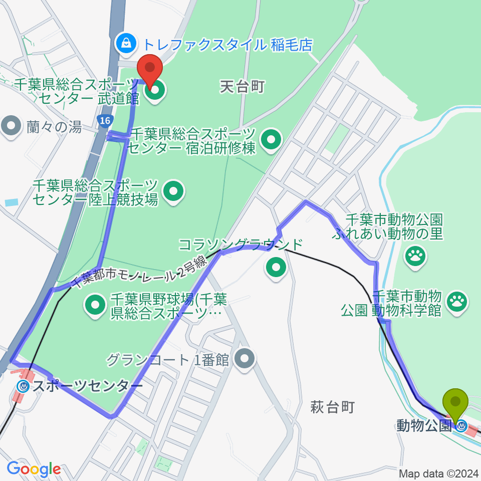 動物公園駅から千葉県総合スポーツセンター武道館へのルートマップ地図