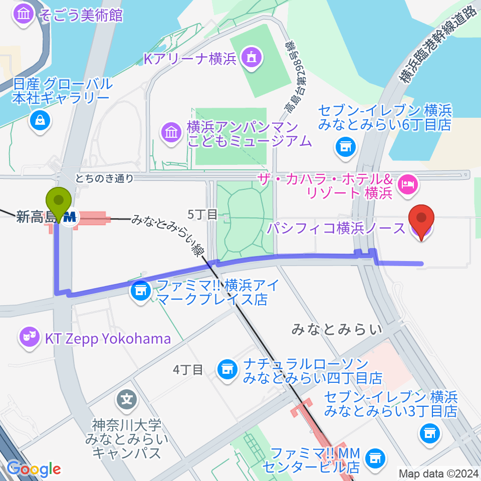 新高島駅からパシフィコ横浜ノースへのルートマップ地図