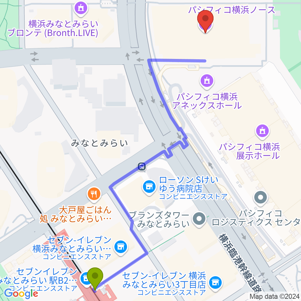 パシフィコ横浜ノースの最寄駅みなとみらい駅からの徒歩ルート（約7分）地図