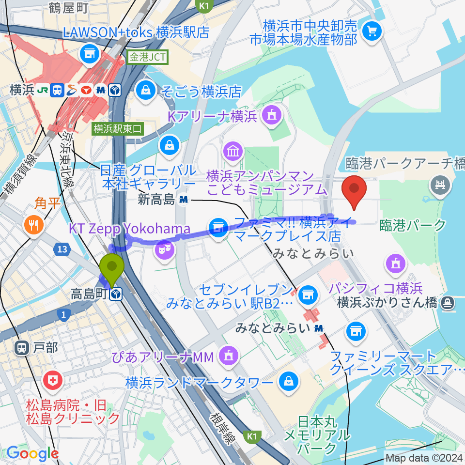 高島町駅からパシフィコ横浜ノースへのルートマップ地図