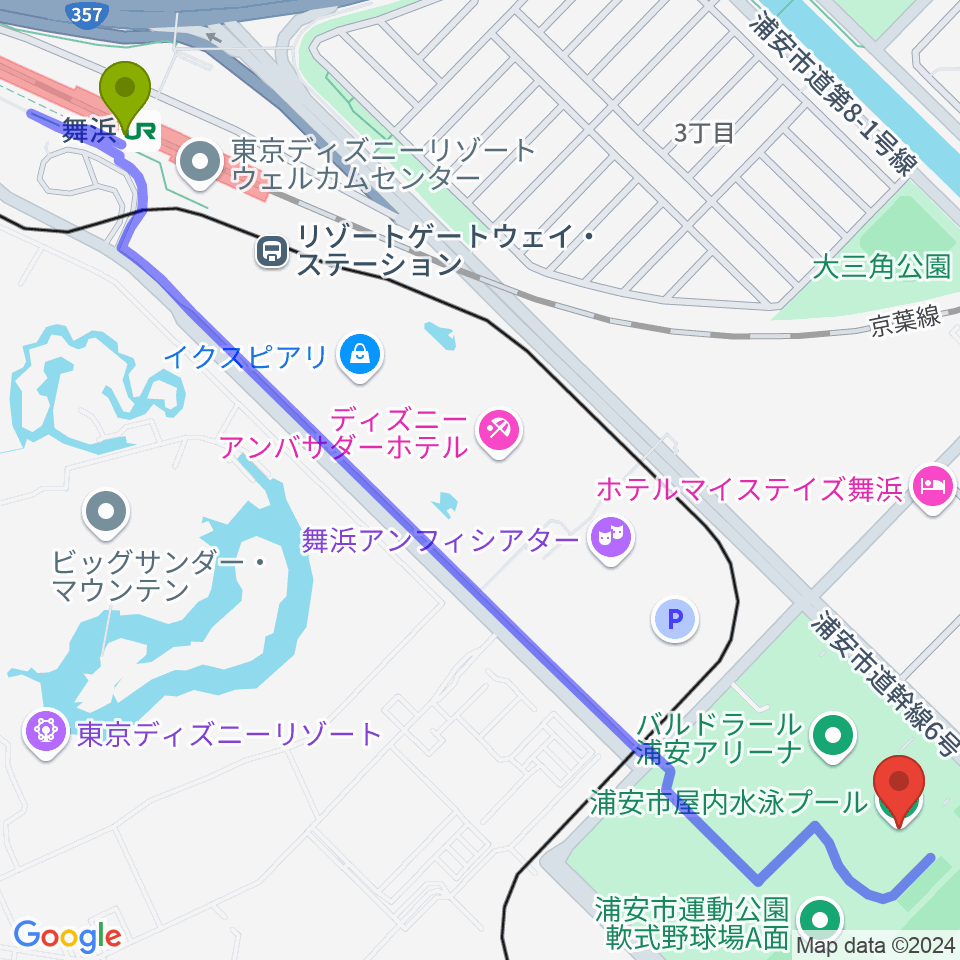 浦安市屋内水泳プールの最寄駅舞浜駅からの徒歩ルート（約17分）地図