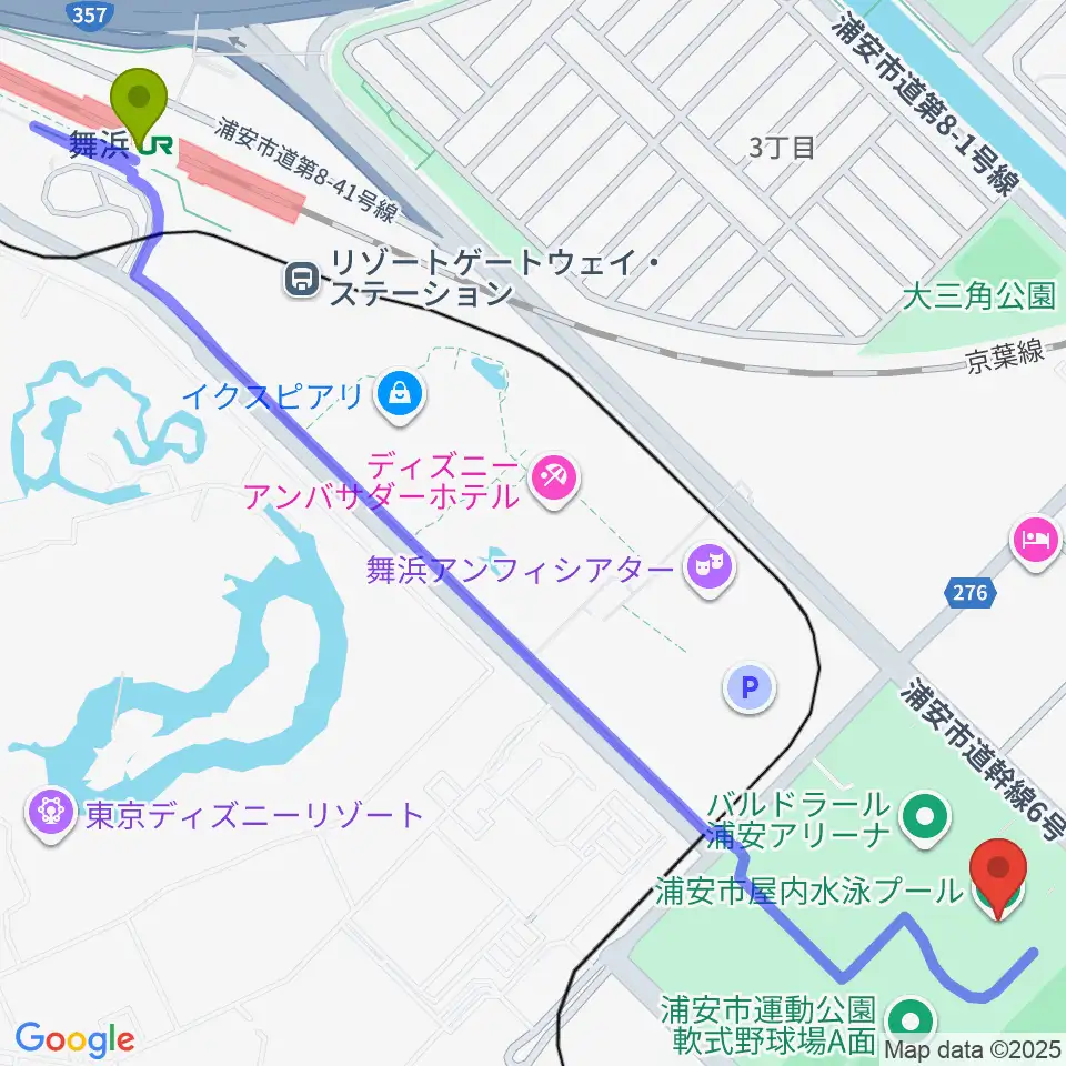 浦安市屋内水泳プールの最寄駅舞浜駅からの徒歩ルート（約17分）地図