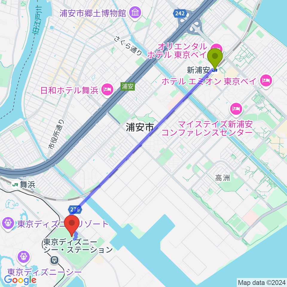 新浦安駅から浦安市屋内水泳プールへのルートマップ地図