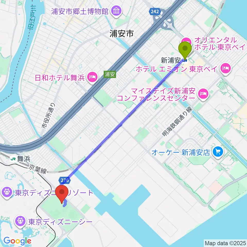 新浦安駅から浦安市屋内水泳プールへのルートマップ地図