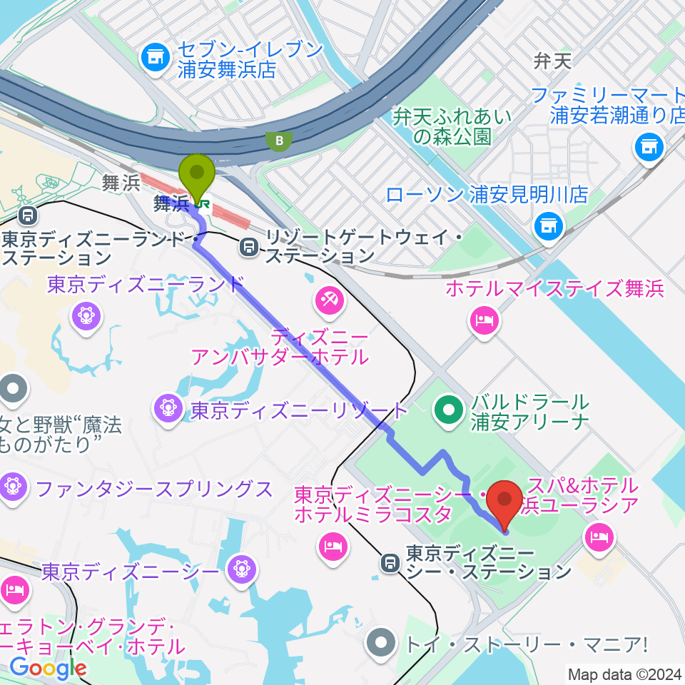 ブリオベッカ浦安競技場の最寄駅舞浜駅からの徒歩ルート（約20分）地図