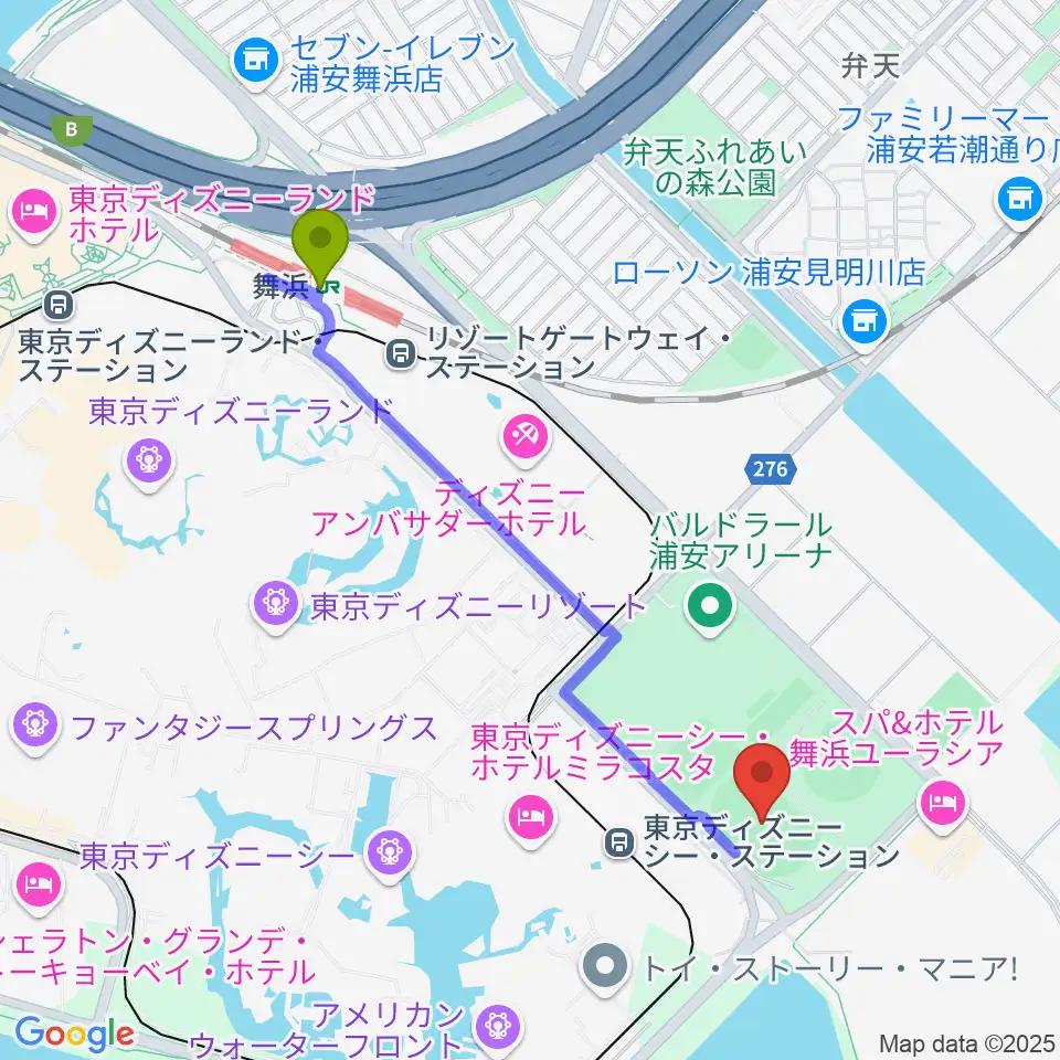 ブリオベッカ浦安競技場の最寄駅舞浜駅からの徒歩ルート（約20分）地図