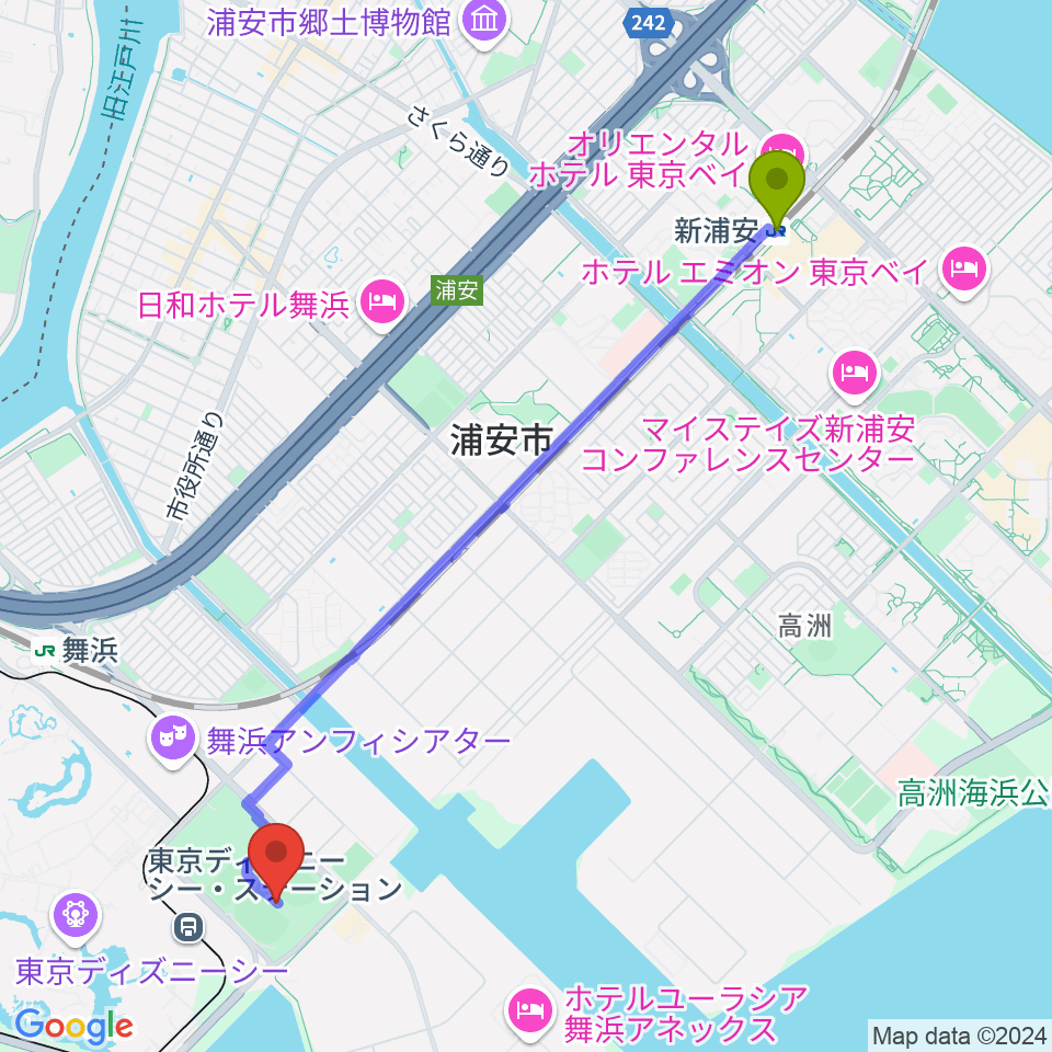 新浦安駅からブリオベッカ浦安競技場へのルートマップ地図