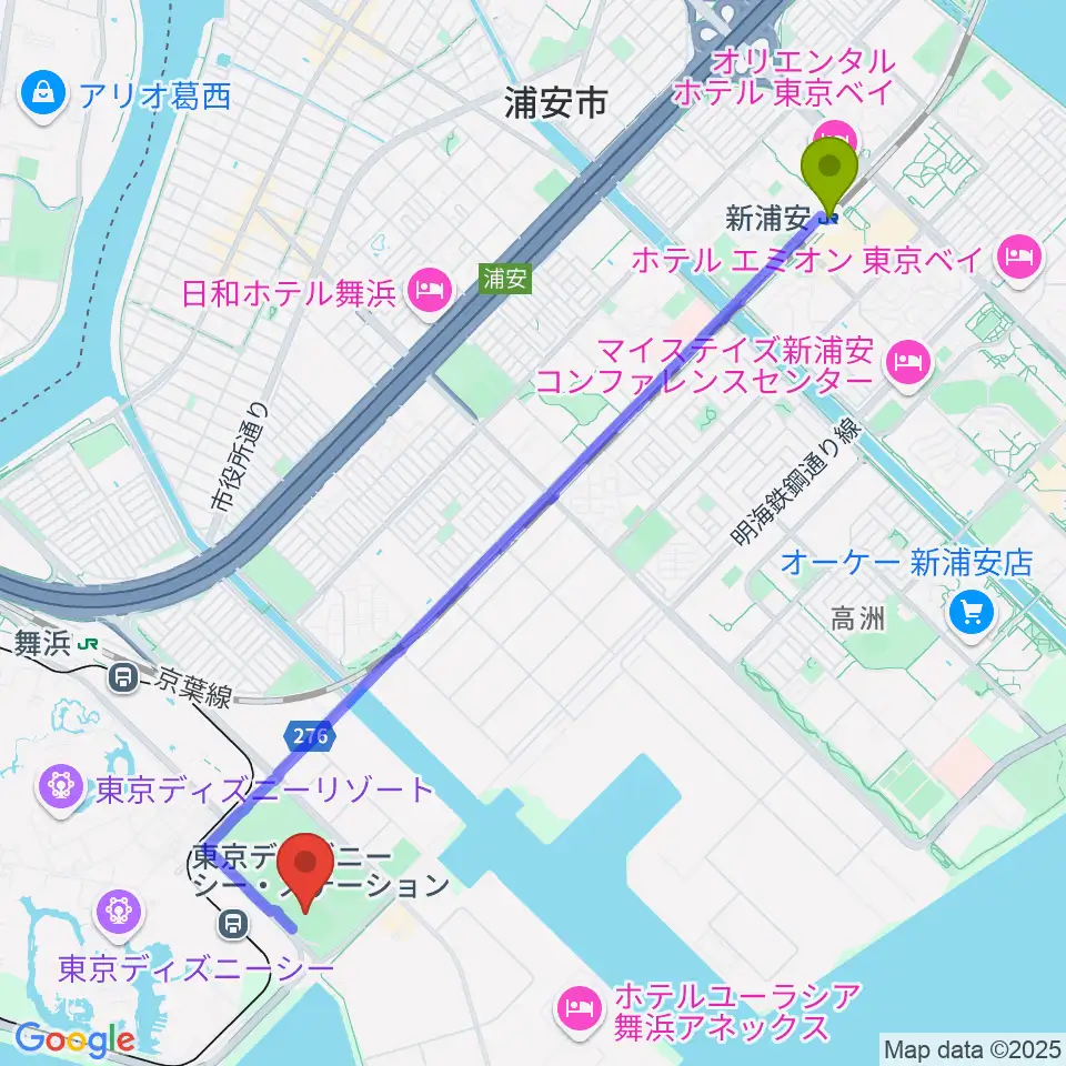新浦安駅からブリオベッカ浦安競技場へのルートマップ地図