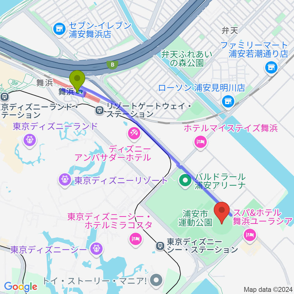 浦安市運動公園野球場の最寄駅舞浜駅からの徒歩ルート（約21分）地図