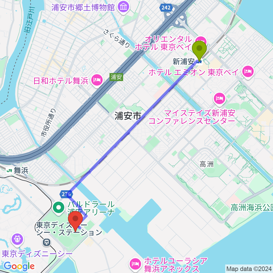 新浦安駅から浦安市運動公園野球場へのルートマップ地図