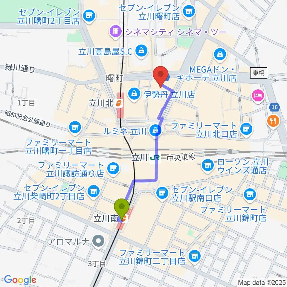 立川南駅から島村楽器 立川店へのルートマップ地図