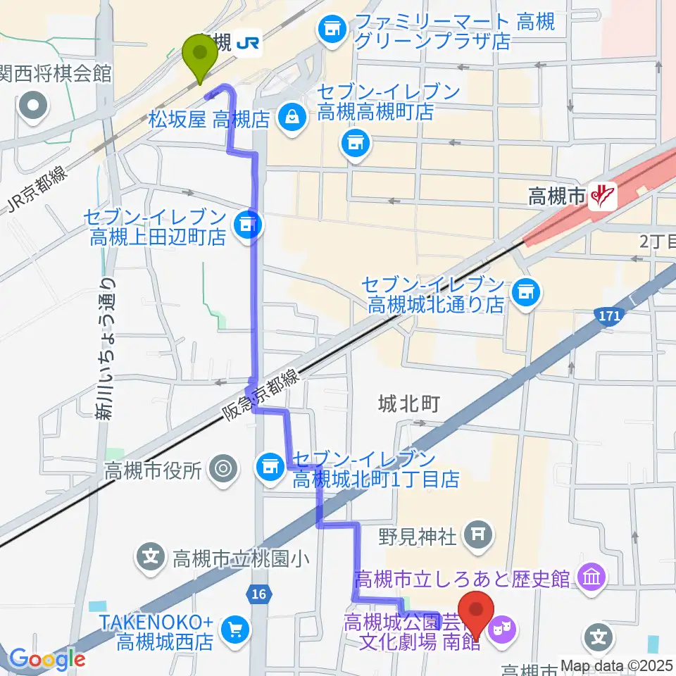 高槻駅から高槻城公園芸術文化劇場 南館へのルートマップ地図