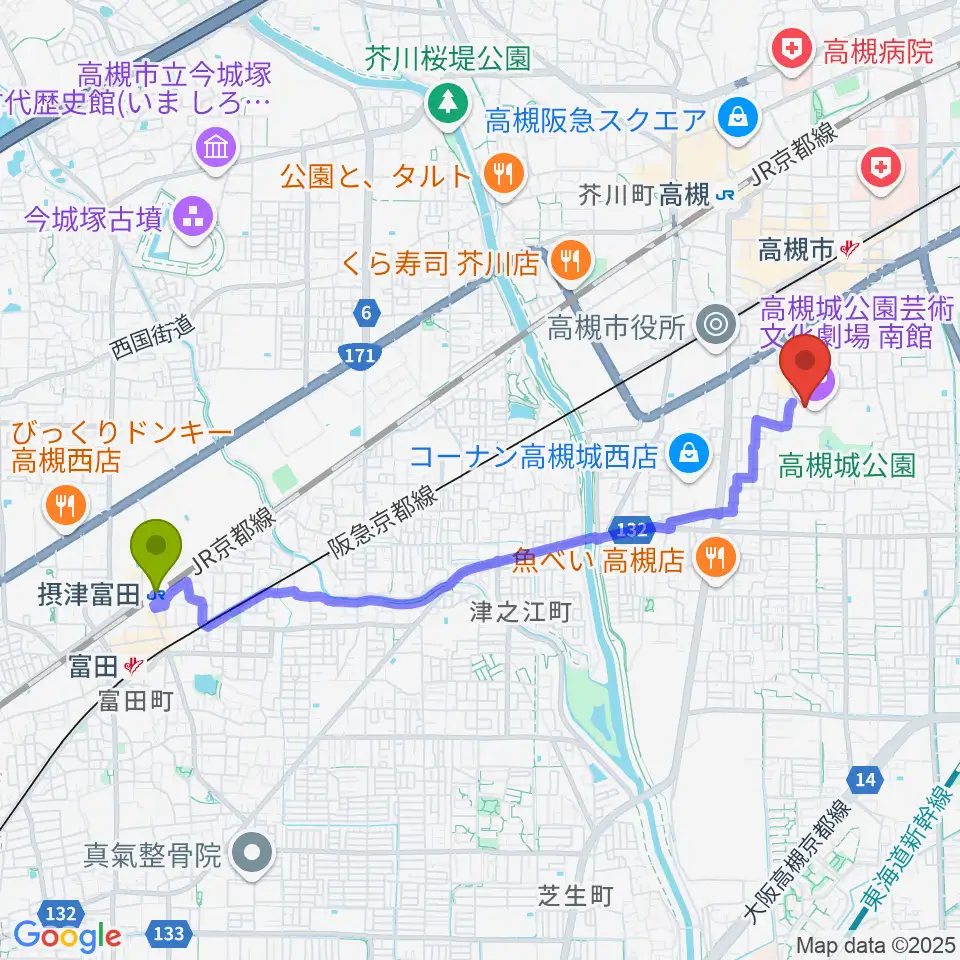 摂津富田駅から高槻城公園芸術文化劇場 南館へのルートマップ地図