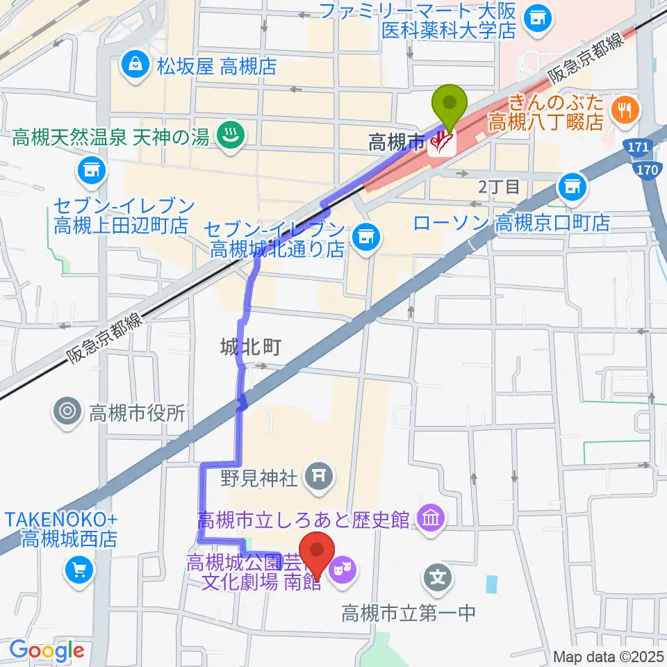 高槻城公園芸術文化劇場 南館の最寄駅高槻市駅からの徒歩ルート（約11分）地図