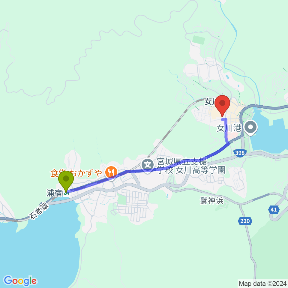 浦宿駅から女川町生涯学習センターホールへのルートマップ地図