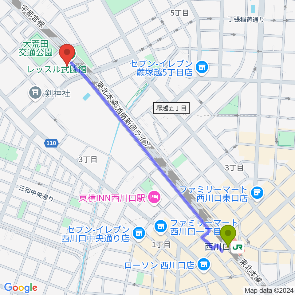 レッスル武闘館（アイスリボン道場）の最寄駅西川口駅からの徒歩ルート（約13分）地図