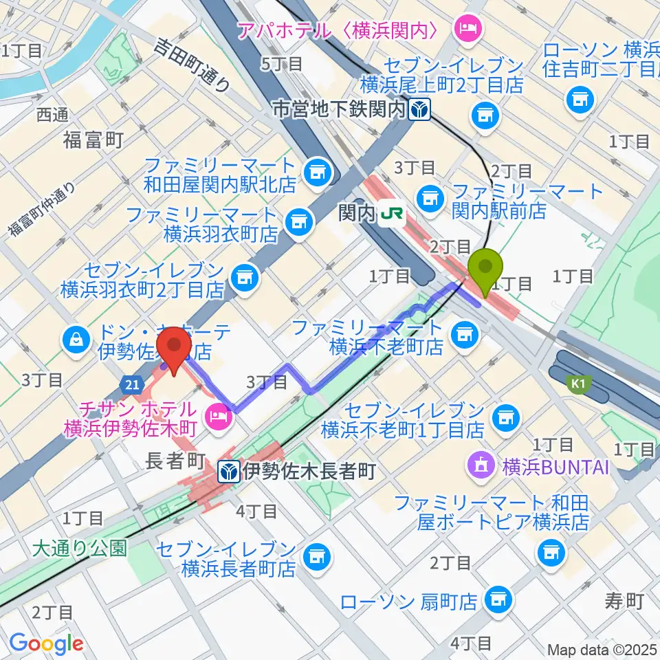 関内駅から横浜ラジアントホールへのルートマップ地図