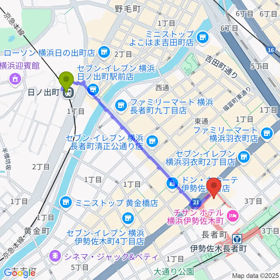 日ノ出町駅から横浜ラジアントホールへのルートマップ地図