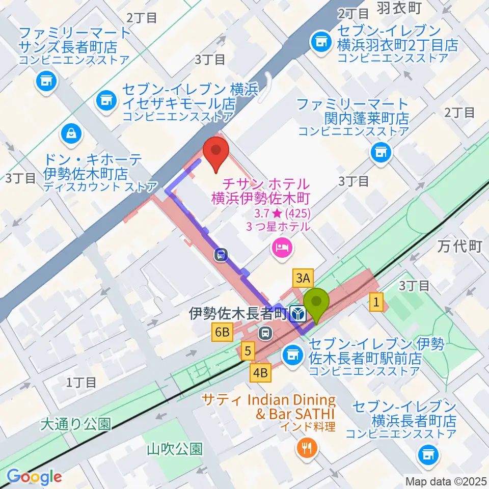 横浜ラジアントホールの最寄駅伊勢佐木長者町駅からの徒歩ルート（約3分）地図