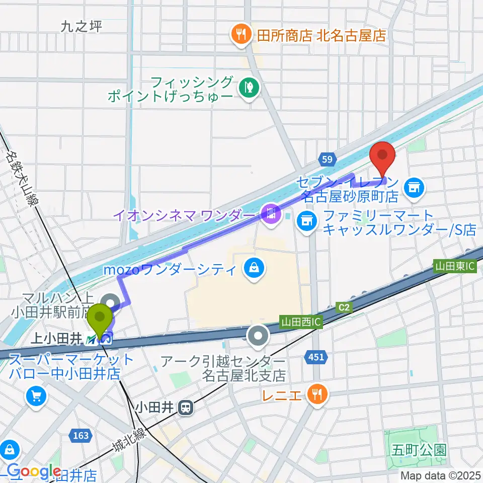 上小田井駅からOVERLOAD STUDIOへのルートマップ地図