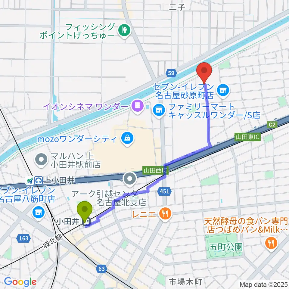 小田井駅からOVERLOAD STUDIOへのルートマップ地図