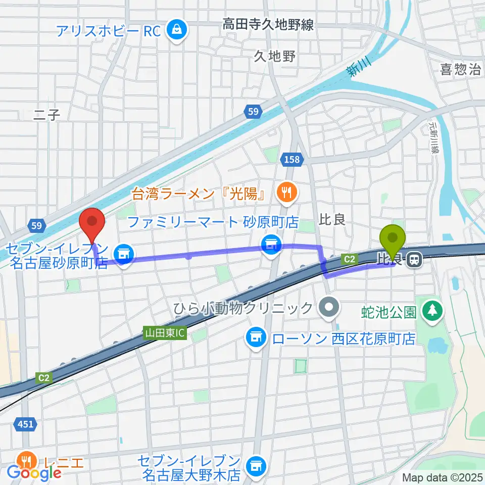 OVERLOAD STUDIOの最寄駅比良駅からの徒歩ルート（約19分）地図