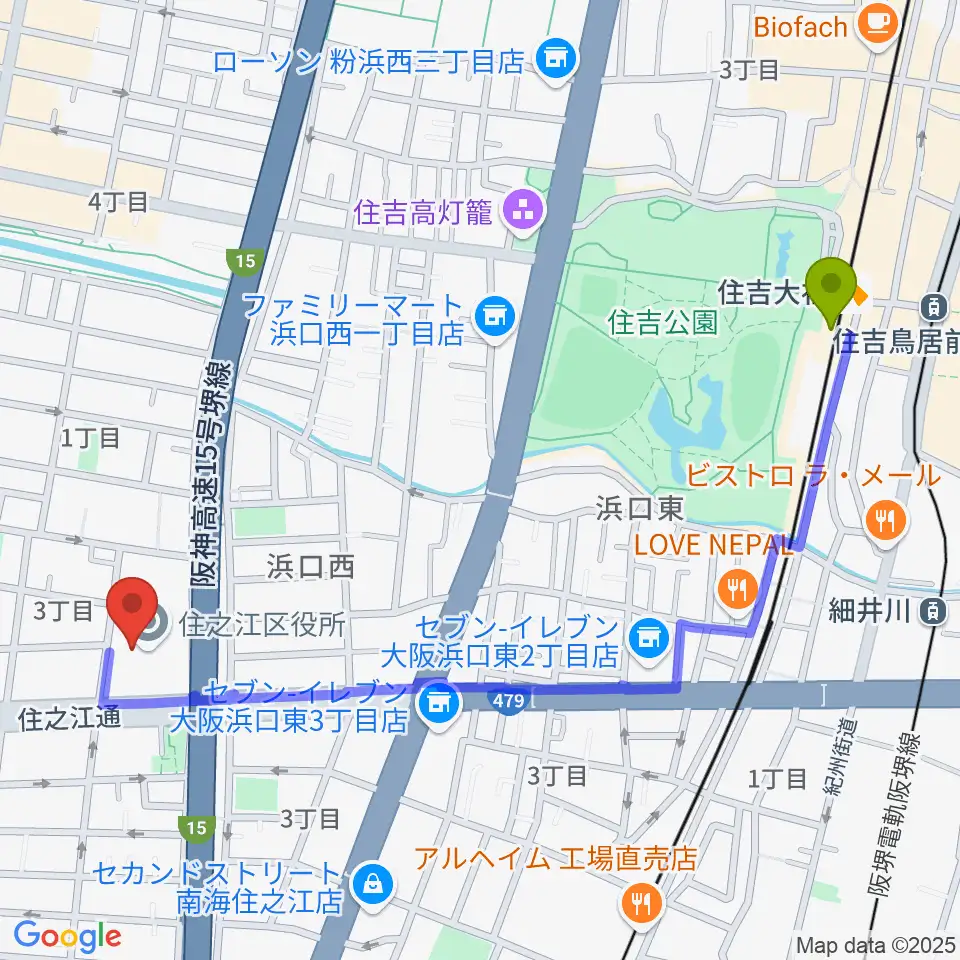 住吉大社駅からすみのえ舞昆ホールへのルートマップ地図