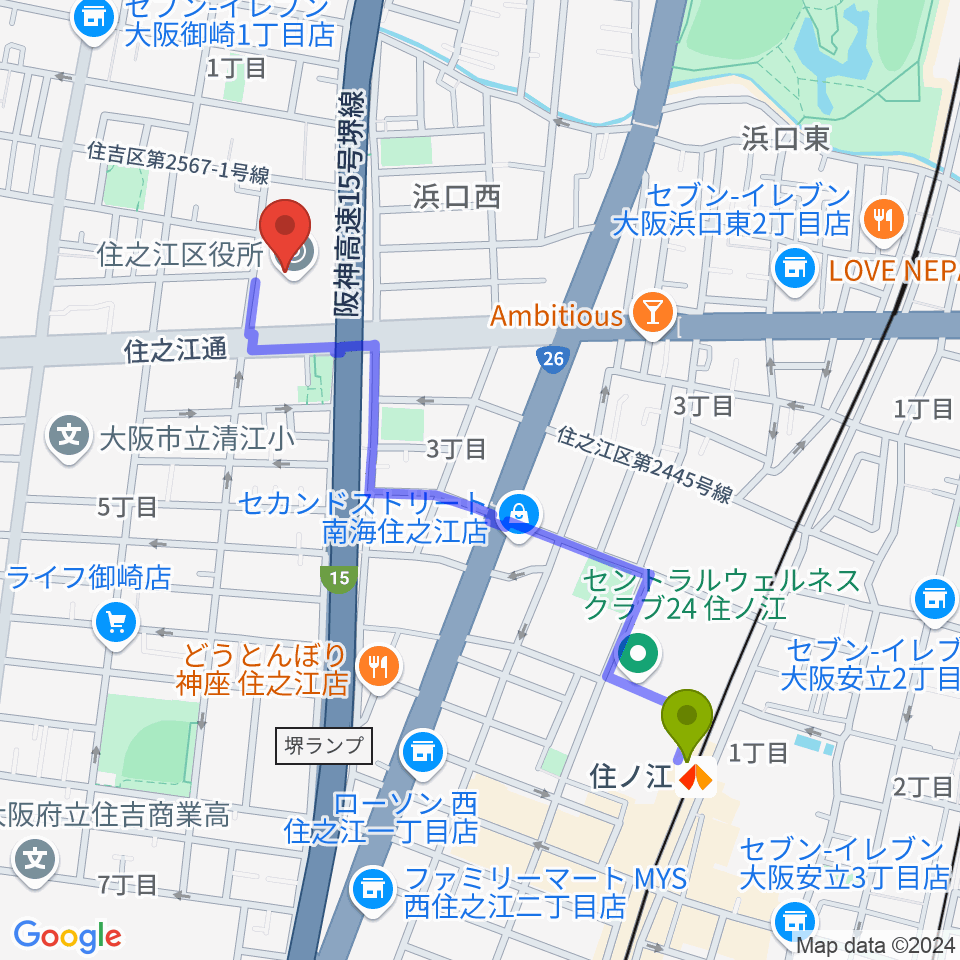 すみのえ舞昆ホールの最寄駅住ノ江駅からの徒歩ルート（約10分）地図