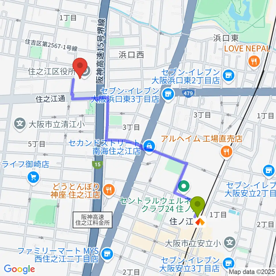 すみのえ舞昆ホールの最寄駅住ノ江駅からの徒歩ルート（約10分）地図