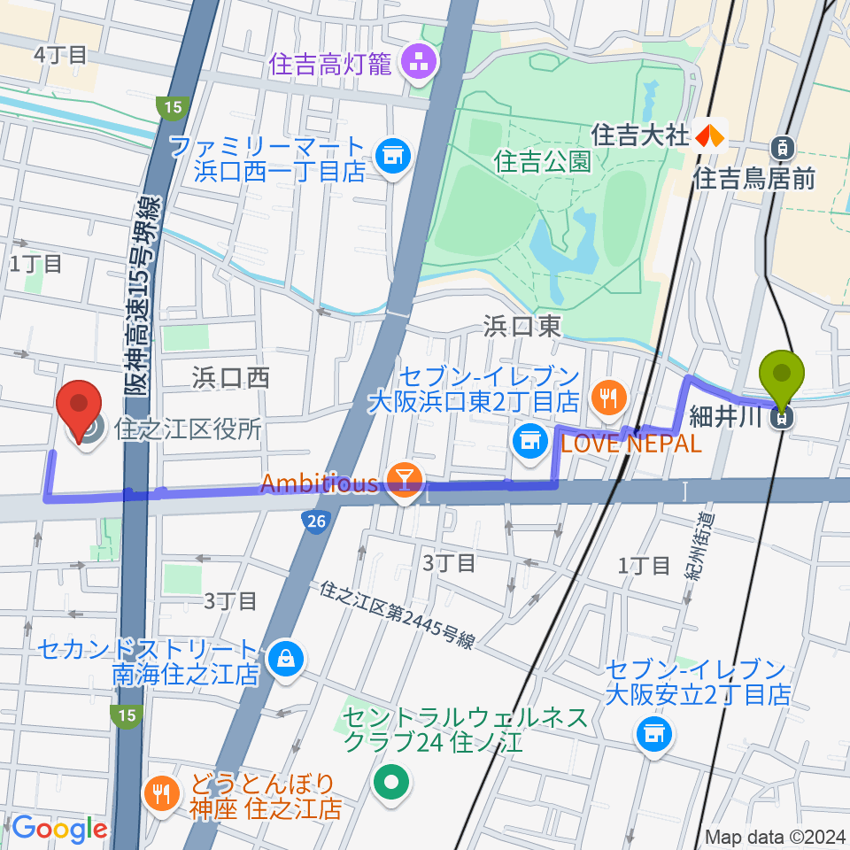 細井川駅からすみのえ舞昆ホールへのルートマップ地図