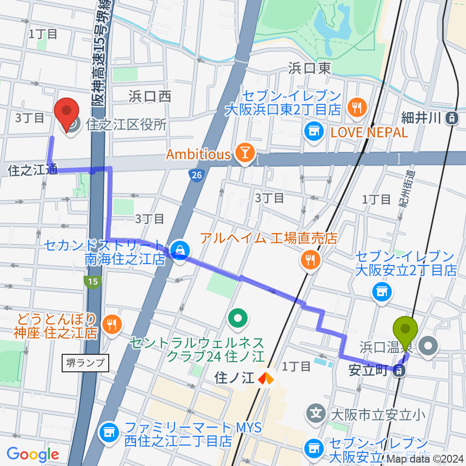 安立町駅からすみのえ舞昆ホールへのルートマップ地図