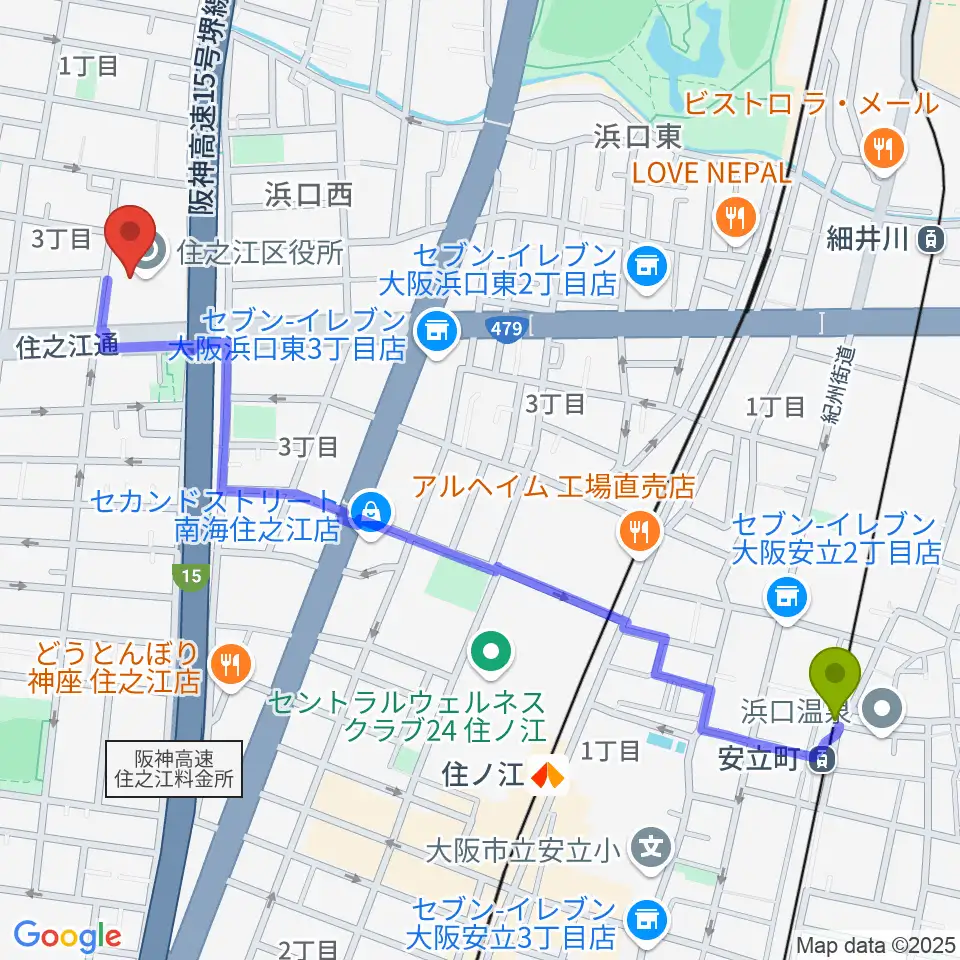 安立町駅からすみのえ舞昆ホールへのルートマップ地図