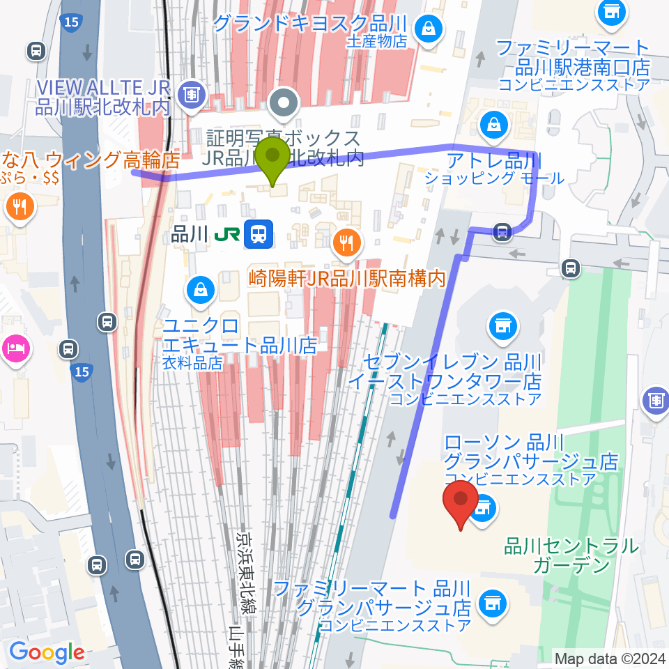 品川グランドホールの最寄駅品川駅からの徒歩ルート（約5分）地図