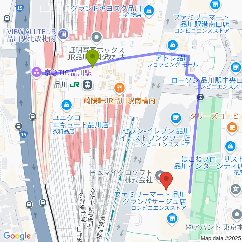 品川グランドホールの最寄駅品川駅からの徒歩ルート（約5分）地図