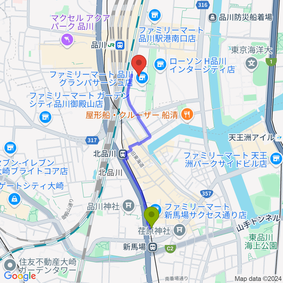 新馬場駅から品川グランドホールへのルートマップ地図