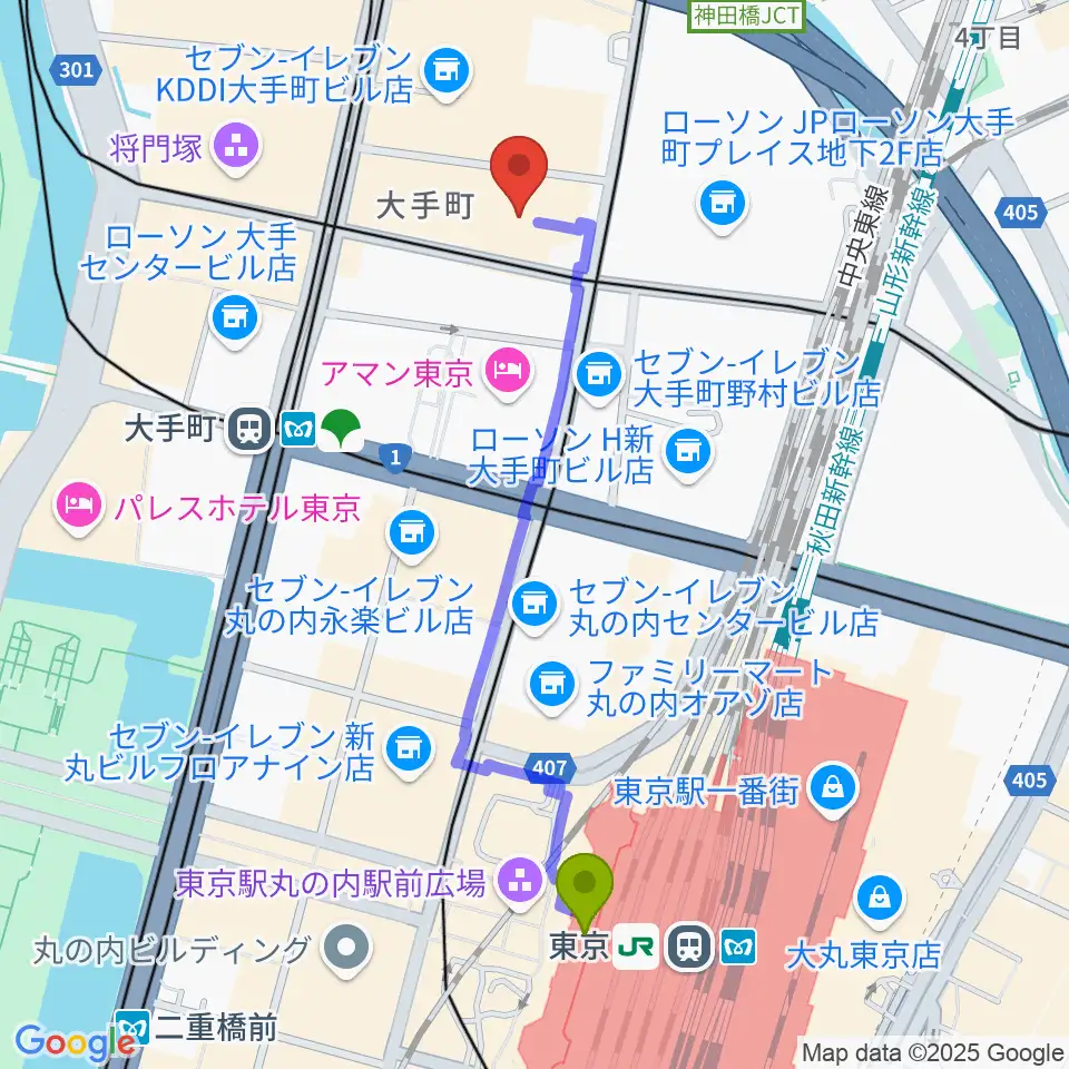 東京駅から大手町サンケイプラザへのルートマップ地図