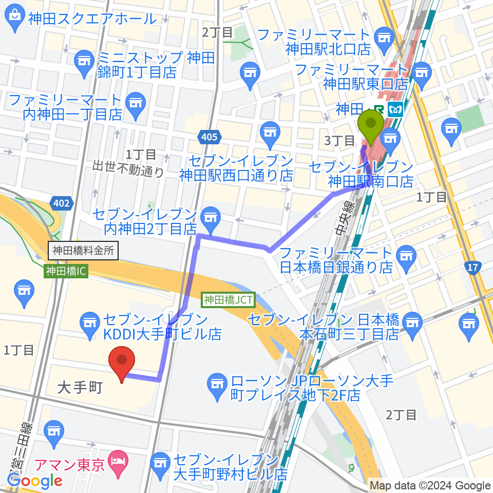神田駅から大手町サンケイプラザへのルートマップ地図