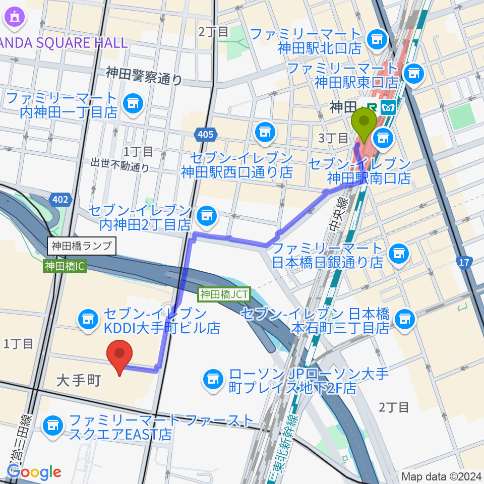 神田駅から大手町サンケイプラザへのルートマップ地図